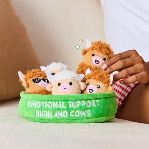 Emotional Support Highland Cows by Relatable, Cuddly Stuffed Animals, Plushies, and Cute Stuff, Great Gift Ideas for Loved Ones of All Ages, Includes 5 Toys with Carrying Basket thumbnail 2