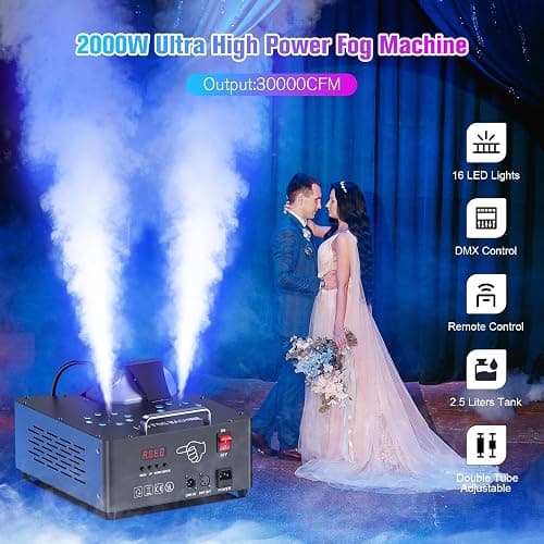 2000W Professional Fog Machine with Lights,Dual Nozzle 8+8 RGB 3W LED Lights Wireless/Manual/DMX Control Adjustable Smoke Direction, 2.5L Tank LCD Display 30000CFM for Halloween Christmas Wedding-1PC thumbnail 2