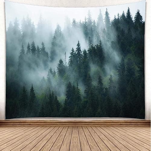 Green Foggy Wall Tapestry W80"xL60", Forest Themed Twilight Decorations - Image 1