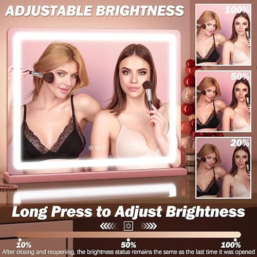 FENNIO 23" x 18" Vanity Mirror with Lights，LED Makeup Mirror，Hollywood Mirror with 3 Color Modes & Adjustable Brightness，Vanity Mirror Pink thumbnail 4