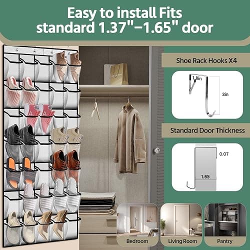 35 Pocket Over the Door Shoe Organizer,Reusable Breathable Large Mesh Bag Men's & Women's Sneaker Organizer,Shoe Organizer for Kids,Hanging Shoe Storage Hanging Bag (White) thumbnail 6