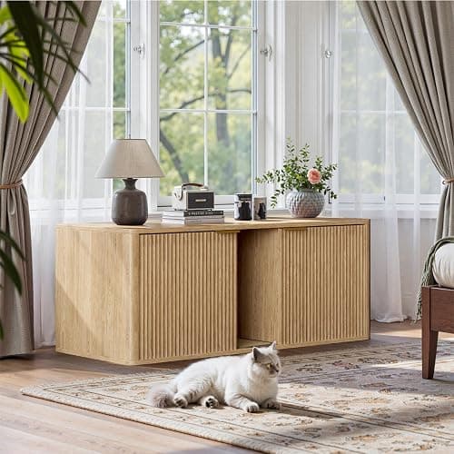 Evermagin 48.8" Double Litter Box Enclosure Furniture for 2 Cats, Large Hidden Oak Litter Box Cabinet with Front Entry, Mid Century Modern Fluted Kitty End Table, Includes Scratching pad thumbnail 7