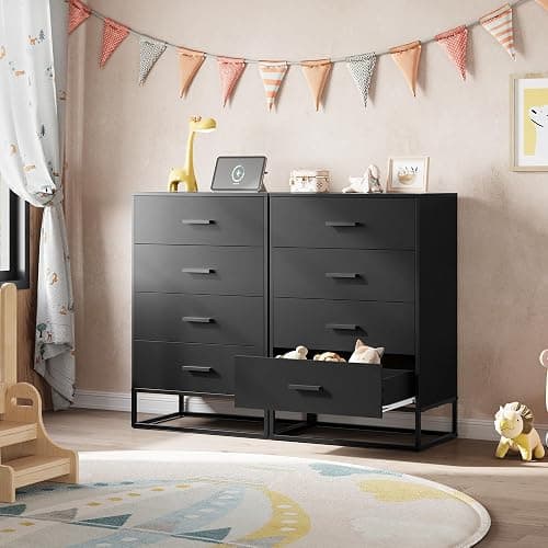 WLIVE Black Dresser for Bedroom with 4 Drawers, Tall Wood Dresser with Sturdy Metal Frame, Wooden Chest of Drawers for Hallway, Living Room, Closet thumbnail 8
