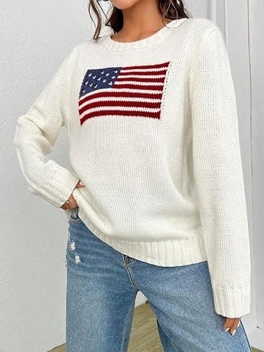SweatyRocks Women's Flag Pattern Long Sleeve Round Neck Sweater Casual Loose Pullover Sweater thumbnail 6