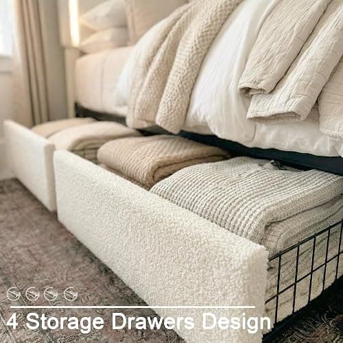 Brafab King Bed Frame, Storage Bed Frame King Size with Adjustable Headboard, Cloud Boucle Upholstered Platform Bed with LED Light, Soft Rounded Corners, No Box Spring Required, Easy Assembly, Beige thumbnail 5