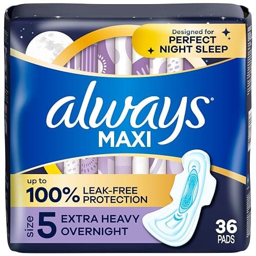 Always Maxi Pads for Women, Extra Heavy Overnight Pad with Wings, Size 5, Unscented, 36 Count - Image 1