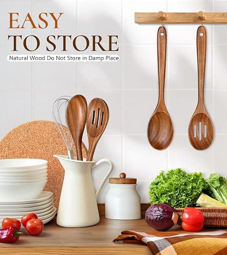 2Pcs Wooden Spoons for Cooking, Natural Premium Teak Wooden Spoon & Slotted Spoon, Good Grip Large Cooking Spoons Spatula, Heat Resistant Wooden Kitchen Cooking Utensils Set for Nonstick Cookware thumbnail 2