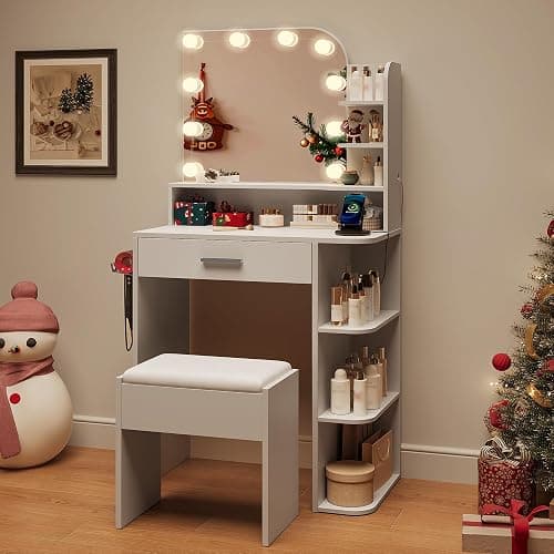 wanan Small Vanity, Set with Chair, Big Mirror & Lights, for Girls, White | Small footprint, huge storage, 14.2×26.5×54.4", 6 shelves+drawer, outlet+hairdryer rack, 10 bright bulbs, dimmable & memory thumbnail 8