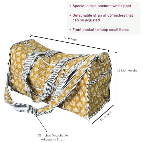 ATOSII Handblock Print 100% Cotton Large Quilted Duffle Bag for Overnight Trip, Travel Weekend Bag, Luggage, 2 Pockets with Zipper, 1 Front Pocket, Detachable Long Strap, 20 X 10 X 12 Inches, Flax thumbnail 3