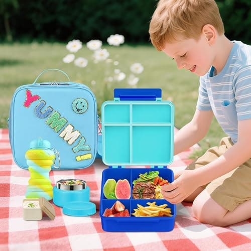 Bento Lunch Box with 10oz Soup Thermo for Kids Insulated Lunch Bag & Foldable Silicone Cup Food Leak Proof Food Container with 5 Compartment for Kid to Shool Travel thumbnail 2