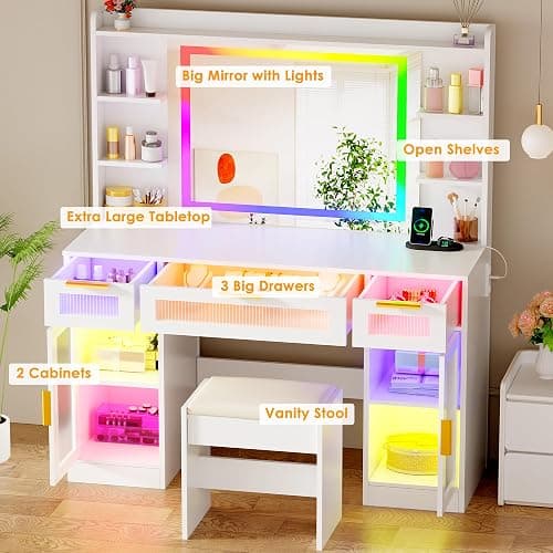 ANWBROAD Large Vanity Desk with Mirror and Lights White Makeup Desk Set with Power Outlet and Remote RGB Vanity with 3 Drawers 2 Cabinets and Stool Vanity Table for Girls Women Bedroom UBDT85W thumbnail 4