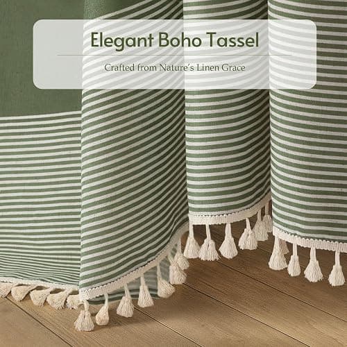 XOGUIBO Sage Green Shower Curtain Boho Linen Striped Shower Curtains for Bathroom with Tassel 72 X 72 thumbnail 5
