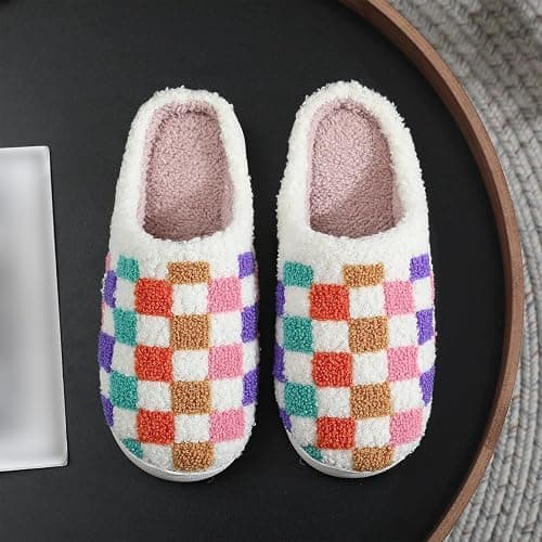 Halloween Christmas Slippers Checkered Scuff for Women and Men Holiday Indoor Bedroom Fluffy Warm Fleece Slippers Winter Soft Cozy Home Non-Slip Soft Plush Slip-on Wool Lined House Shoes thumbnail 2
