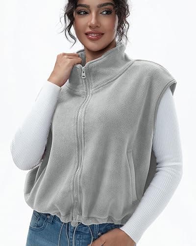 miswek Women's Full Zip Fleece Short Vest Warm Winter Sleeveless Stand Collar Sherpa Crop Coat thumbnail 8