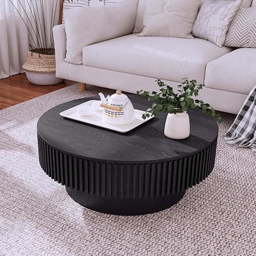 Round Coffee Table with Storage, Modern Wooden Coffee Table with Solid Wood Veneered, Circle Center Table Accent Tea Table for Living Room Apartment Small Space (31.5''L × 31.5''W × 14''H, Black) - Image 1