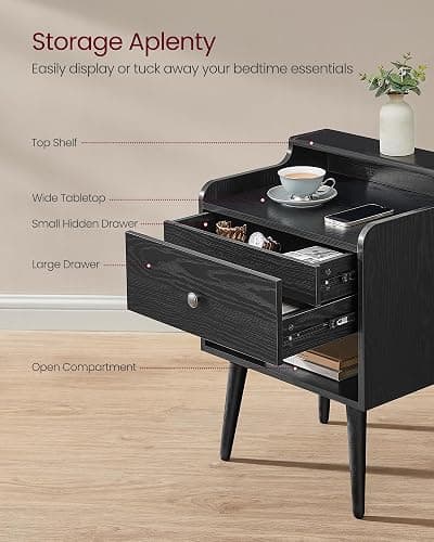 VASAGLE Nightstands, Set of 2, Bedside Tables with Hidden Drawers, Mid-Century End Side Tables with Solid Wood Legs, for Bedroom, Ebony Black ULET624B01 thumbnail 4