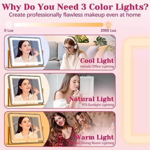 HNV Gold Vanity Makeup Mirror with Lights, 22"x17" Large Lighted Vanity Mirror, Dimmable LED with 3 Color Touch Lighting, Tabletop Mirror for Desk or Bedroom, 360° Rotation thumbnail 5