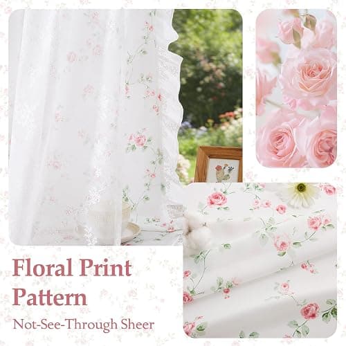 ZJDECOR Vintage Floral Curtains with Lace Sheer Overlay 84 Inch,Pink Flower on White Not-See-Through Sheer Drapes Lace Ruffle Edge,Shabby Chic Window Treatment for Bedroom Living Room,Rod Pocket,Pink thumbnail 6