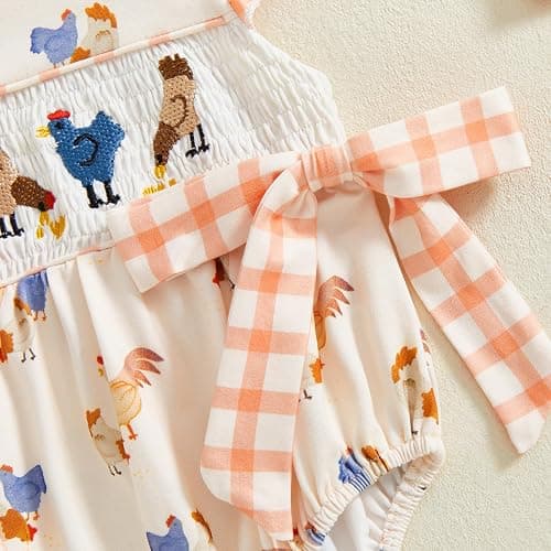 SAYOO Newborn Baby Girl Farm Clothes Chicken Embroidey Bubble Smocked Romper Plaid Bowknot Western Country Bodysuit Shirt thumbnail 6