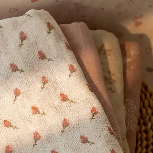 CIVARUA KIDS Muslin Swaddle Blankets for Newborn, 4 Pack Cotton Baby Blankets for Girls, Large 31.5 x 43.3 Breathable Soft Receiving Blanket, Essentials Swaddle Wrap Burping Clothes, Flowers thumbnail 3