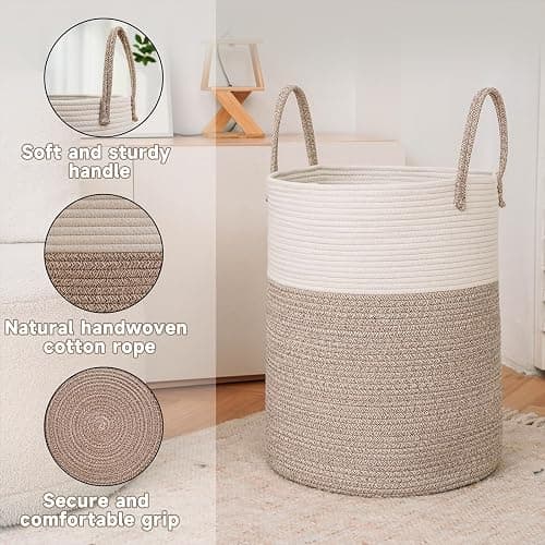 JMvicyroam Large Woven Laundry Basket Hamper,60L Cotton Rope Storage Bin for Blankets,Toys and Clothes,Decorative Tall Nursery Hamper for Living Room,Baby Nursery,Bathroom and Bedroom,Brown thumbnail 6