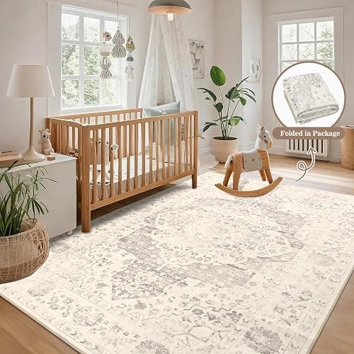 nesrt Boho Washable Area Rugs 5x7 Non Slip, Vintage Living Room Rugs, Ivory | Classic Large Thin Printed Soft Bedroom Nursery Floor Carpet for Farmhouse Dining Room Playroom Study Home Office thumbnail 4