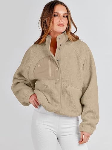 ANRABESS Womens Fuzzy Fleece Jacket Fall Casual Long Sleeve Cropped Sherpa Button Down Shacket Coats Outwear With Pockets thumbnail 9