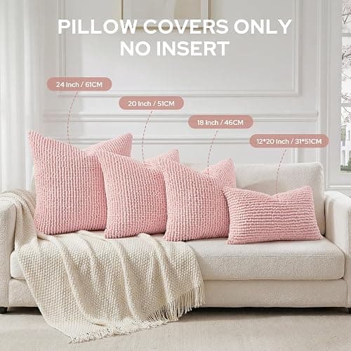 HOMEIDEAS Light Pink Textured Chenille Pillow Covers 18x18 Set of 2 | Thick Plush Double Sided Design,Cozy Warm Touch Textured Design,Couch Sofa Bed Bedroom,Modern Farmhouse Decor thumbnail 7