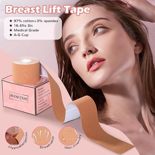 Mciotk Boob Tape Kit for Large Breast Lift,2 Pcs Nipple Covers & Breathable Body Tape,Invisible Adhesive Bra Tape A-G,Beige thumbnail 4