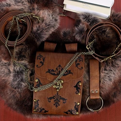 Minhuida Medieval Belt with Renaissance Bag & Detachable Chains, Vintage Faux Leather Waist Pouch Dresses Belt thumbnail 5
