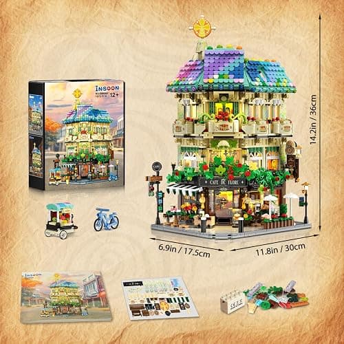 INSOON Flower Cafe House Building Set with Lights, 1876 PCS City Street Corner Shop Construction Model, Art Architecture Modular Building Block Kit Home Decor, Gift for Adults Teens Boys Girls 12+ thumbnail 3
