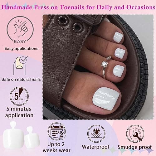 LoveOurHome 120pc White Press on Toenails Women Fake Toe Nails with Tabs, White Fake Toenails Press on Toes Nails Glue on Toenail Acrylic Toe Nail Tips Artificial False Toenail for Women Girls thumbnail 6