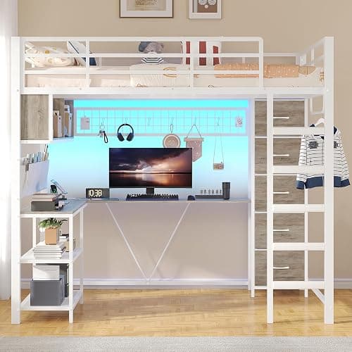 VIAGDO Loft Bed Full Size with L-Shaped Desk and 5 Storage Drawers, Full Size Loft Bed with Charging Station and LED Lights, Metal Loft Bed with Safety Guardrail & Ladder, Space-Saving (White) thumbnail 8