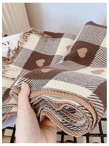 Floerns Women's Heart Print Plaid Fringe Trim Scarf Fall Casual Tassel Cute Scarves thumbnail 4
