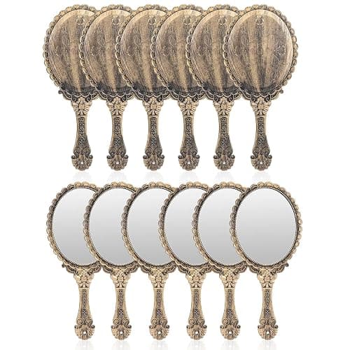 YUSONG 12 Pcs Vanity Handheld Mirror for Makeup(Bronze Color) | Vintage Princess Mirror for Women Brass Gold Embossed Flower Small Mirrors Tabletop Party Classroom - Image 1