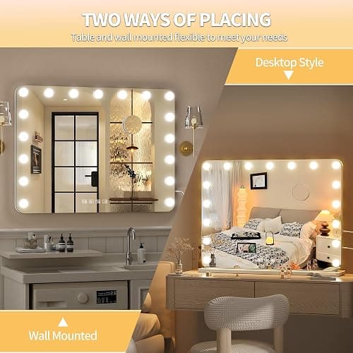 Hasipu Vanity Mirror with Lights and Bluetooth Speaker, 31.5" x 23.6" Hollywood Mirror, Makeup Mirror with 17 Dimmable Bulbs and 10X Magnification, 3 Colors Modes, USB Charging Port, Type-C (White) thumbnail 9
