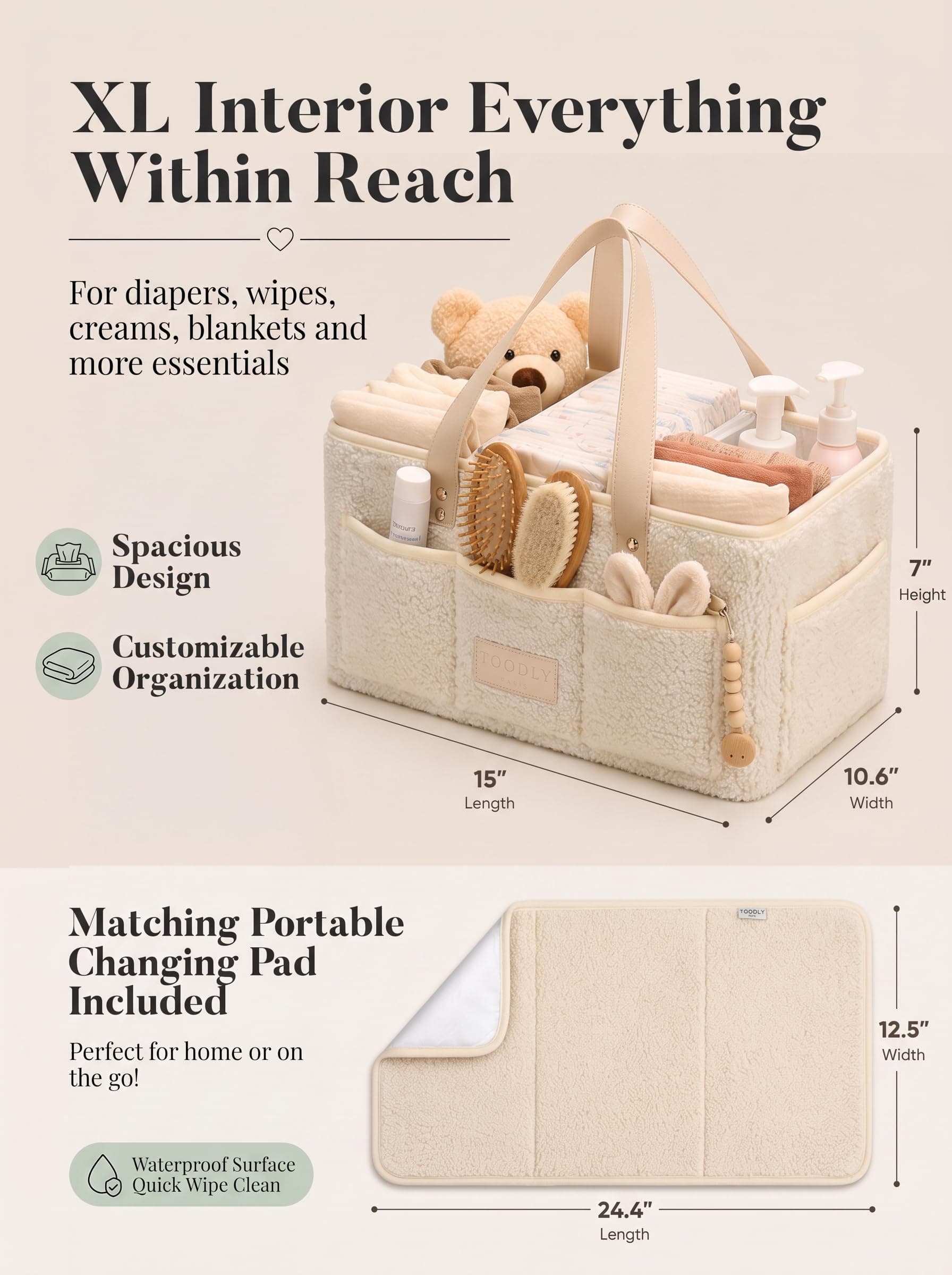 Baby Diaper Caddy Organizer with Portable Changing Mat - Teddy Fleece Diaper Organizer for Changing Table - Baby Basket for Diaper Changing Essentials - Baby Caddy Organizer with Removable Dividers thumbnail 5