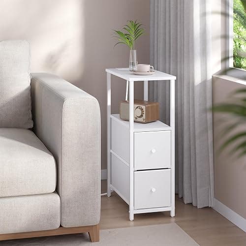TUTOTAK Small Narrow End Table with Charging Station, Set of 2, Side Table with Outlets, Nightstand with 2 Cloth Drawers, Couch Table, for Living Room, Bedroom, Bedside, White TB01BW055 thumbnail 2