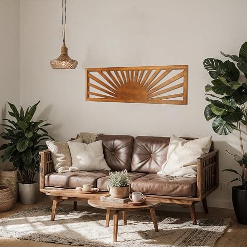 Burbell Sun Wall Art Decor 35'' x 12'' Large Boho Sun Wall Decor Wooden Horizontal Vintage Bohemian Hanging Rectangle Panoramic Above Bed Decoration for Bedroom Home(Dark Brown) thumbnail 4