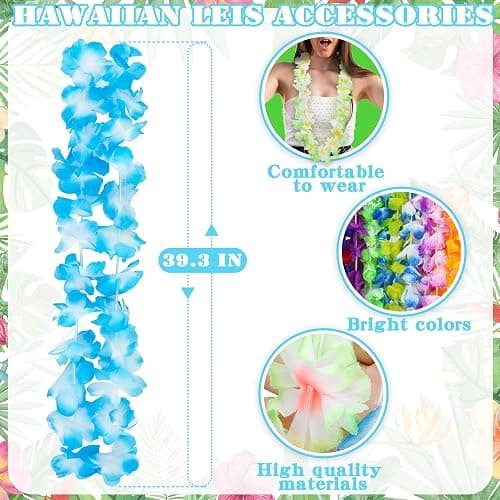 Hawaiian Leis, 24PCS Hawaiian Party Decorations Silk Flower Necklace | Colorful Luau Party Decorations, Tropical Designs Leis, Hula Dance Costume Accessories, Great for Summer Beach & Pool Party thumbnail 3