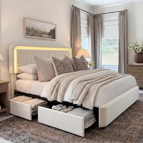 Brafab King Bed Frame, Storage Bed Frame King Size with Adjustable Headboard, Cloud Boucle Upholstered Platform Bed with LED Light, Soft Rounded Corners, No Box Spring Required, Easy Assembly, Beige - Image 1
