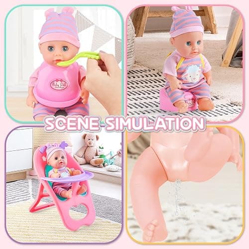 deAO 12” Baby Doll Play Set with Crib, Mobile, High Chair Feeding Accessories, Interactive Dolls for Girls Kids Pretend Play Baby Dolls 21 PCS thumbnail 7