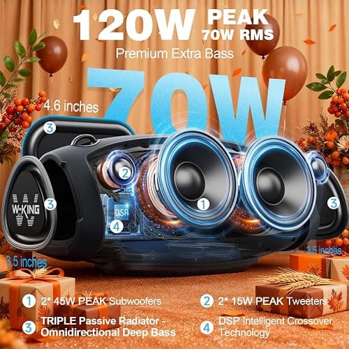 W-KING Bluetooth Speaker Loud, 120W Max Portable Speakers Bluetooth Wireless, IPX6 Waterproof Party Large Speaker Outdoor Boombox Subwoofer*2, 70W Triple Passive Radiator-42H Deep Bass, TF, AUX, EQ thumbnail 2