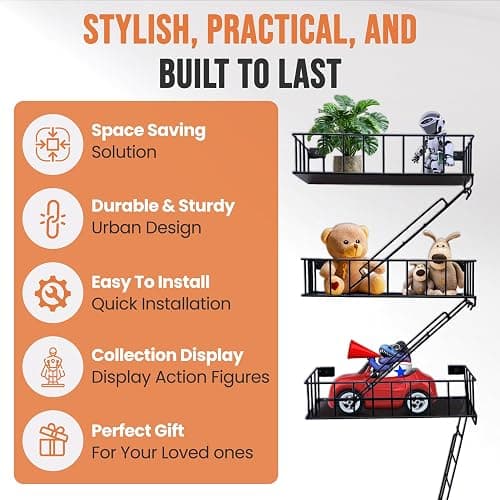 HouseofZizu Fire Escape Shelf, 3 Tier Action Figure Shelf with Screws & Screwdriver, New York Metal Decorative and Unique Rustic Trinket Shelves for Home Décor, & Bedroom, Black thumbnail 5