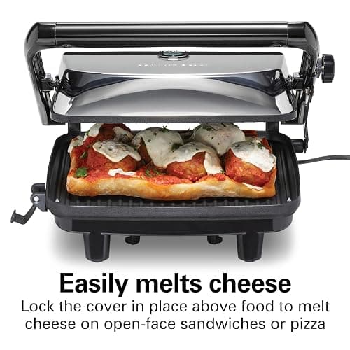 Hamilton Beach Panini Press Sandwich Maker & Electric Indoor Grill with Locking Lid, Opens Wide to Fit Any Thickness for Quesadillas, Burgers & More, Nonstick 8" x 10" Grids, Chrome (25460AG) thumbnail 6