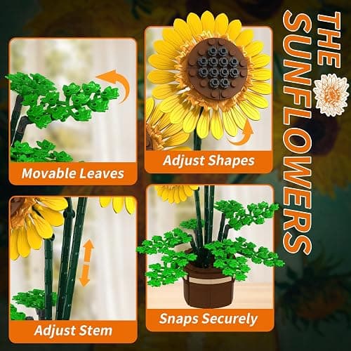 kiothdre Sunflower Building Set Flowers with Vase, Botanical Collection Kit for Adults - 739PCS Sunflowers Bouquet, Valentine Gifts for Adults Women thumbnail 5