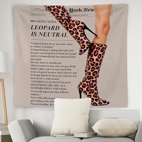WNAGT Trendy Leopard Print Newspaper Tapestry Wall Hanging, Cheetah Room Decor, Modern Hot Girl Fashion Aesthetic Blanket Decor for Girls Room Dorm Apartment Office, 50x60 Inch thumbnail 2