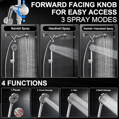 High Pressure Rain Shower Head with Handheld,Wide Rainfall Shower Head Combo with 15" Metal Extension Arm,Detachable Shower head,Rainfall Shower Head with Multi Modes Handheld Spray,Chrome thumbnail 3