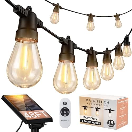 Brightech 48 (42+6) FT Ambience Pro Outdoor Solar String Lights - Bright Remote Control Color Adjustable Solar Light - Commercial Grade, 15 Waterproof LED Bulbs for Patios, Camping, Yard, Outside - Image 1