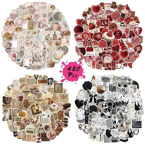 BOMICHI 480 Pcs Vintage Aesthetic Stickers for Scrapbooks Laptop Water Bottles Skateboard Notebooks Phone Kindle, Cute Vinyl Stickers for for Kids Teens Adults Girls - Image 1